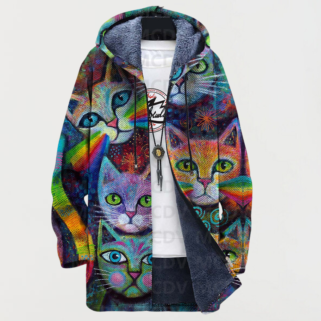 Veste sweat à capuche imprimée chats multicolores, fermeture zippée, intérieur sombre