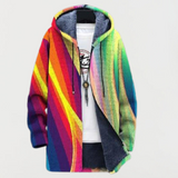 Veste à capuche multicolore, rayures verticales arc-en-ciel, zip avant visible