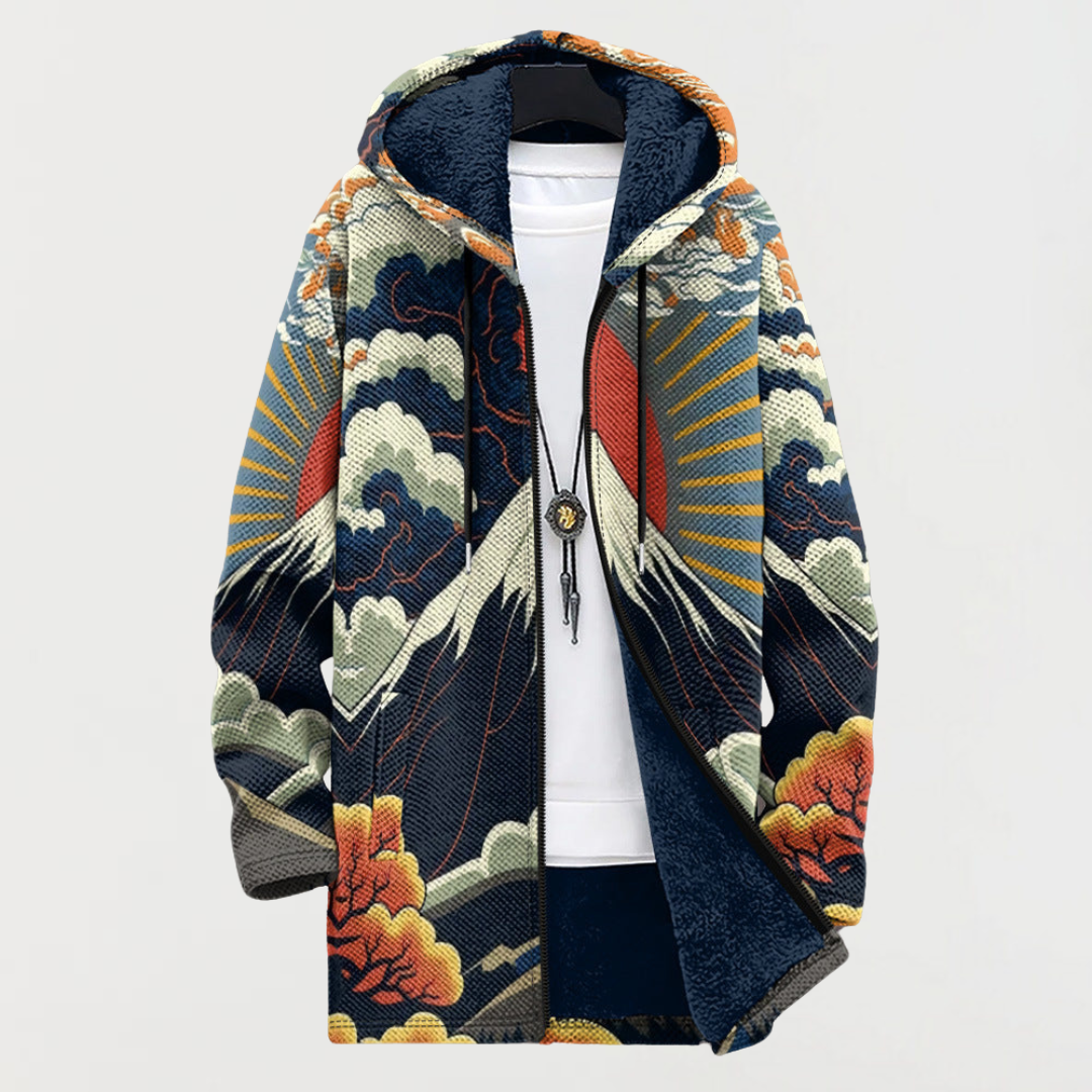 Veste à capuche multicolore avec motif floral et nuageux, zip central, col en tissu bleu.