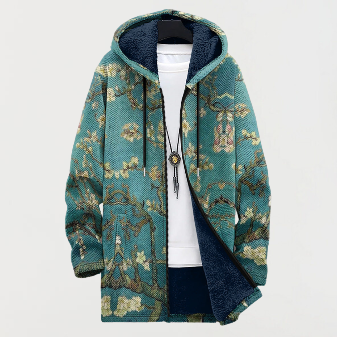 Manteau à capuche vert à motif floral artistique, fermeture zippée, col intérieur bleu marine