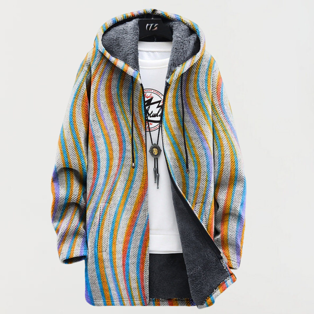 Veste à capuche multicolore à rayures ondulées, fermeture boutonnée et cordon.