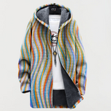 Veste à capuche multicolore à rayures ondulées, fermeture boutonnée et cordon.