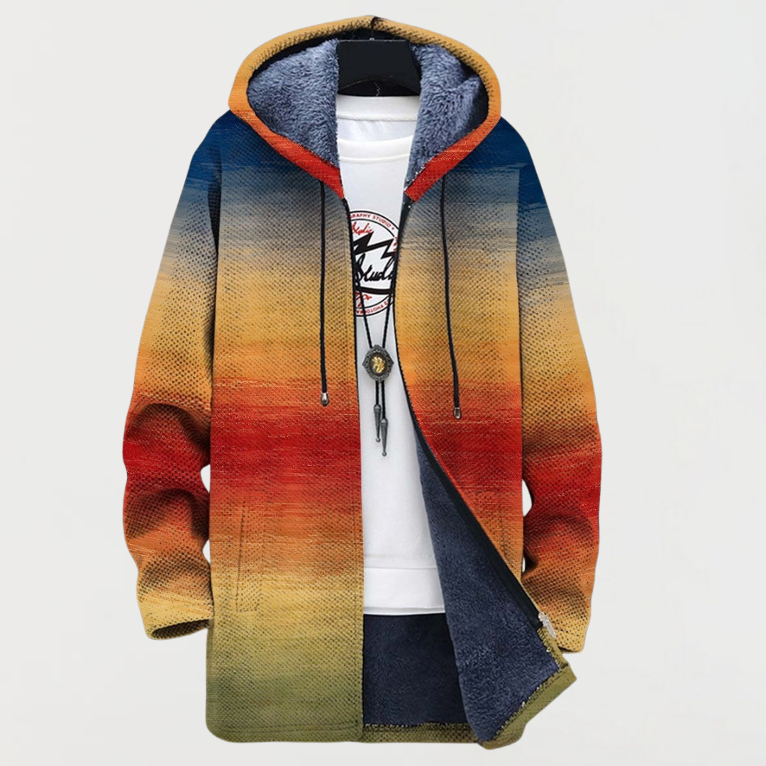 Manteau Paulette multicolore à capuche doublée, dégradé jaune-bleu-rouge, cordons