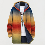 Manteau Paulette multicolore à capuche doublée, dégradé jaune-bleu-rouge, cordons