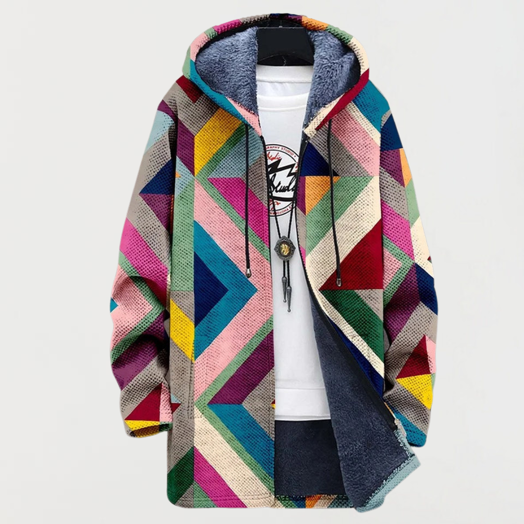 Veste à capuche motif géométrique multicolore, col et intérieur bleu foncé, zip visible