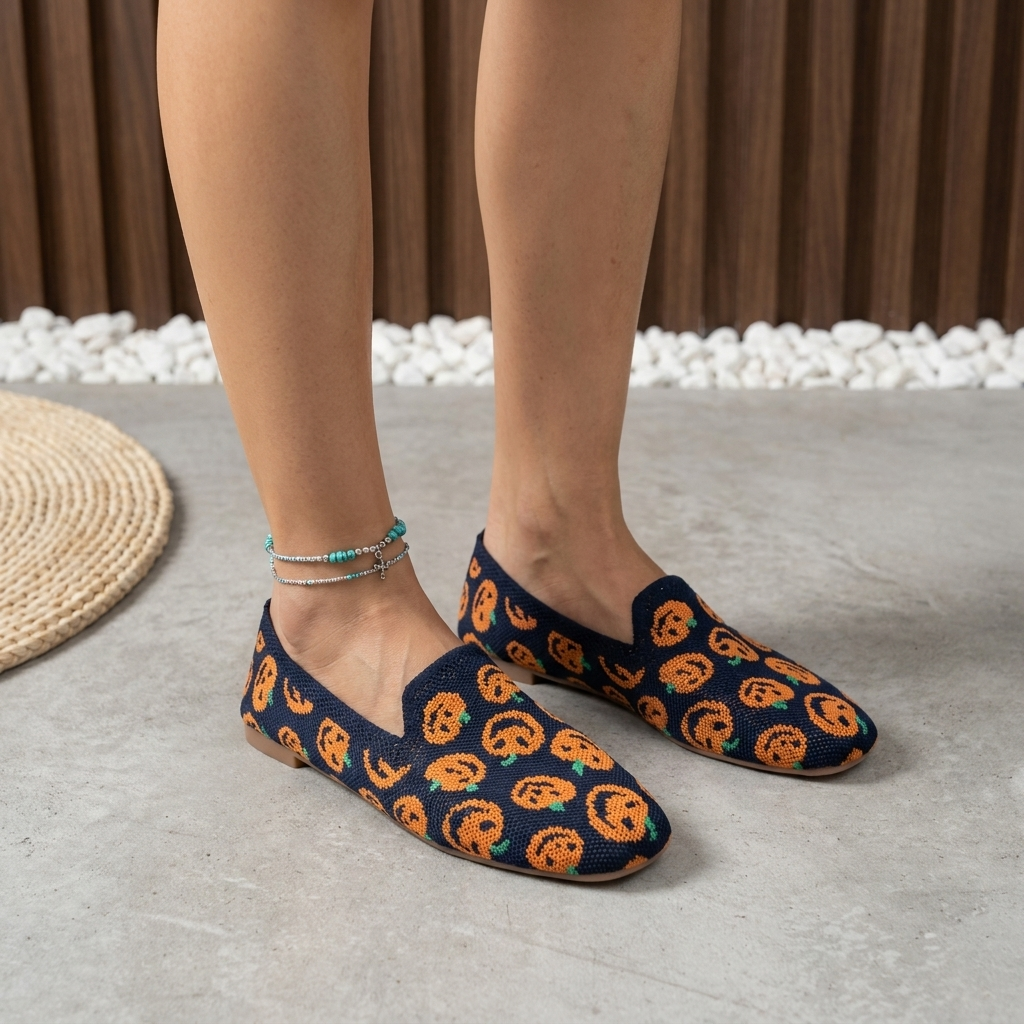 Mocassins en maille Maïwenn bleu marine à motifs citrouilles, semelle plate