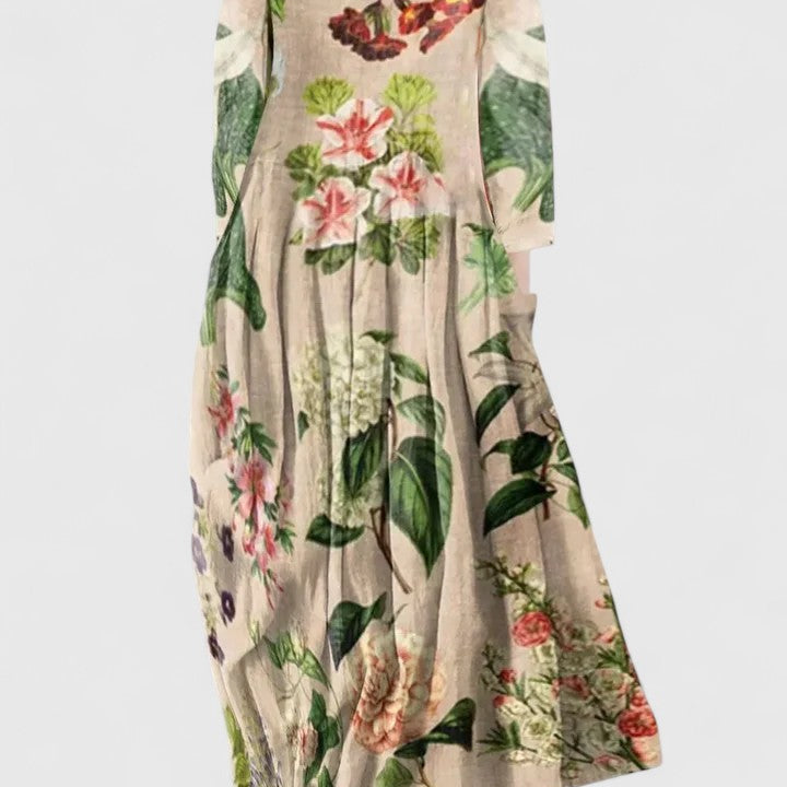 Robe midi évasée à manches trois-quarts, fond beige imprimé fleurs