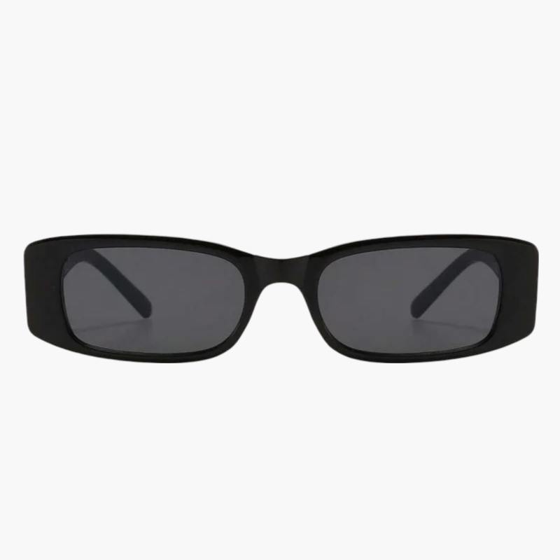 Lunettes de soleil contemporaines noires à verres foncés, forme rectangulaire arrondie