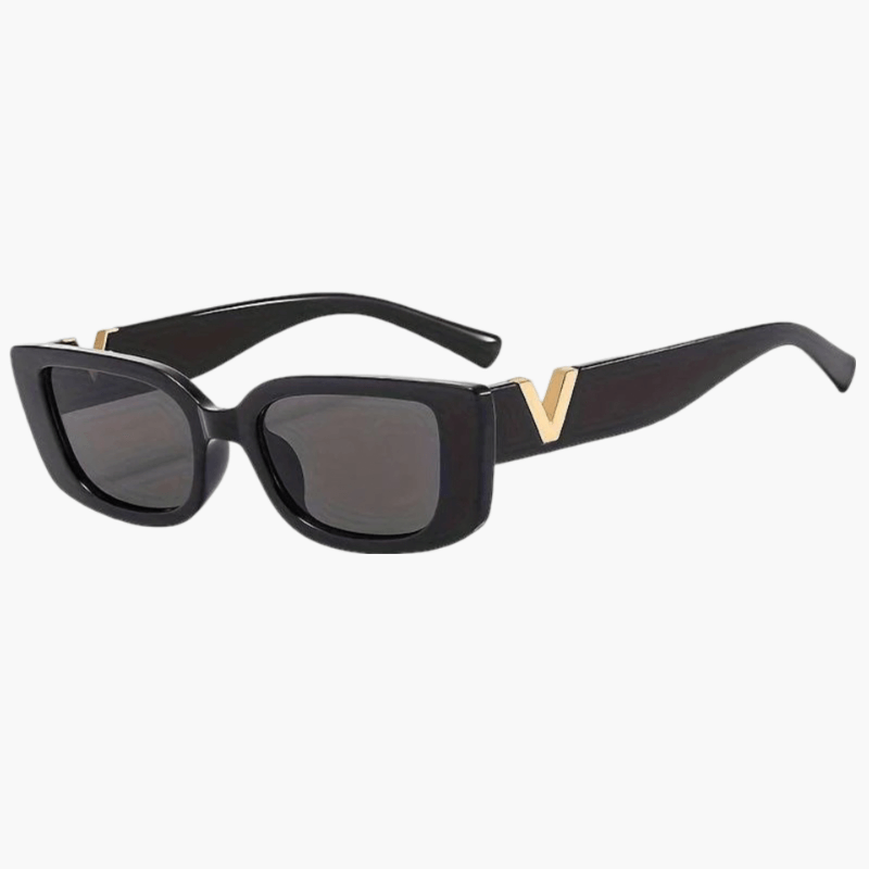 Lunettes de soleil noires à monture épaisse, verres foncés et détails dorés en V