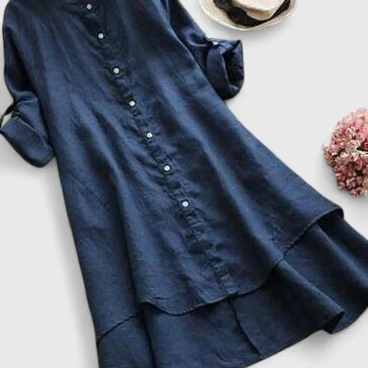 Robe élégante bleu foncé, manches longues, boutonnage devant, ourlet volanté
