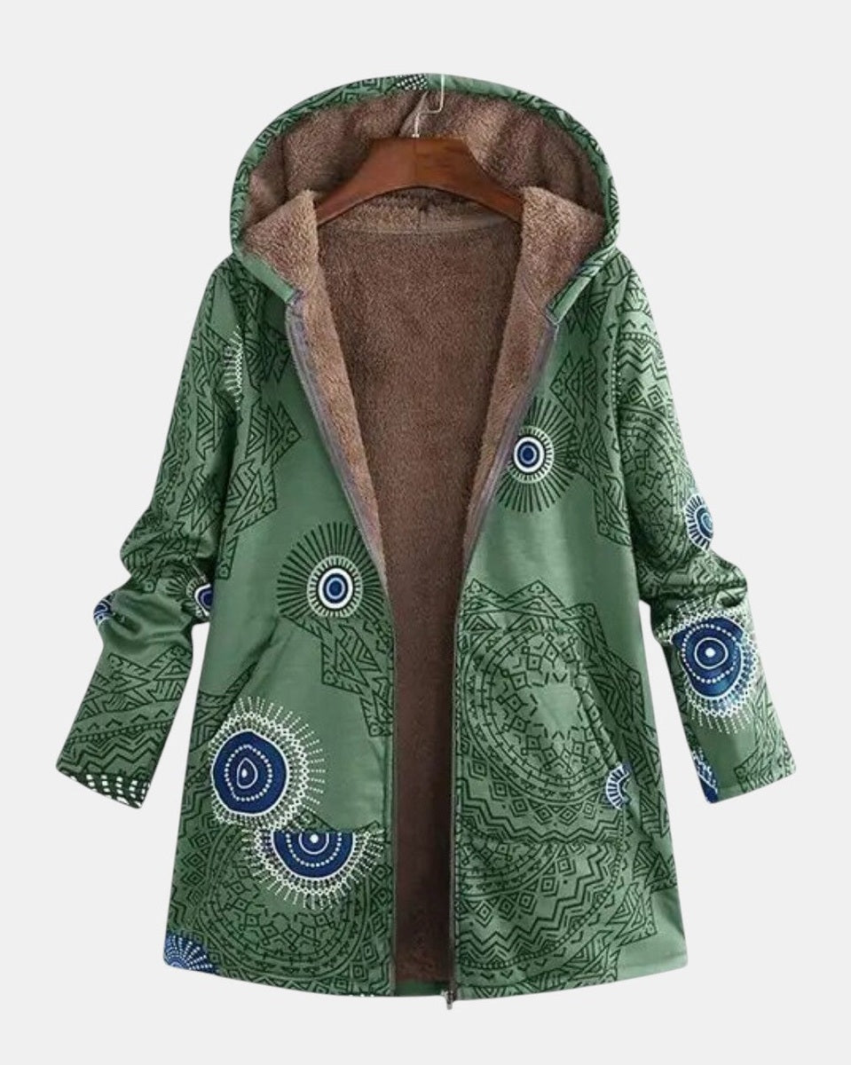 Veste sherpa verte à motif tribal cercles bleus, doublure intérieure beige, capuche