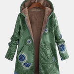 Veste sherpa verte à motif tribal cercles bleus, doublure intérieure beige, capuche