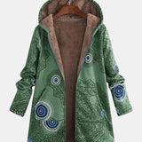 Veste sherpa verte à motif tribal cercles bleus, doublure intérieure beige, capuche
