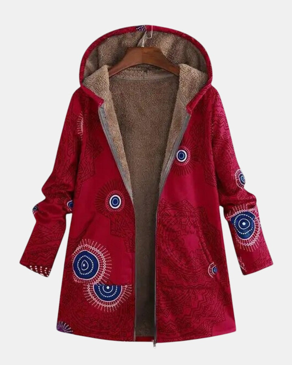 Veste sherpa rouge à motif tribal cercles bleus, doublure intérieure beige, capuche