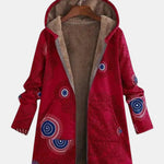 Veste sherpa rouge à motif tribal cercles bleus, doublure intérieure beige, capuche