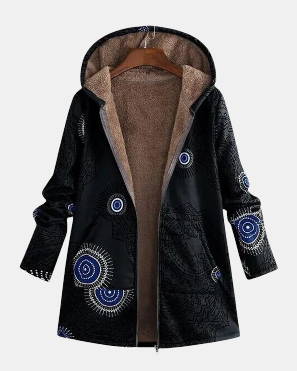 Veste sherpa noire à motif tribal cercles bleus, doublure intérieure beige et capuche