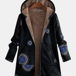 Veste sherpa noire à motif tribal cercles bleus, doublure intérieure beige et capuche