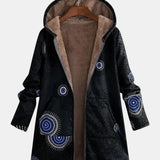 Veste sherpa noire à motif tribal cercles bleus, doublure intérieure beige et capuche
