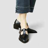 Sandales fermées à bride noire, talon bloc, boucle réglable, bout pointu