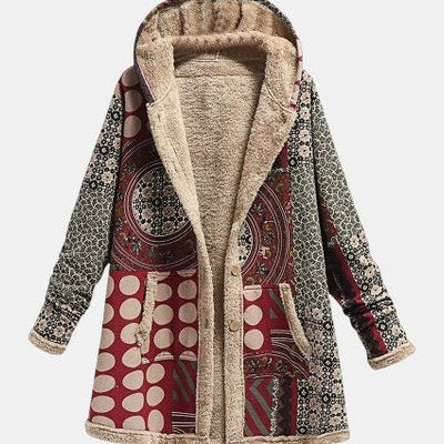 Manteau sherpa bordeaux patchwork à motif géométrique, col et doublure en tissu beige
