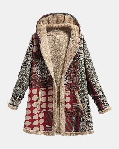 Manteau sherpa bordeaux patchwork à motif géométrique, col et doublure en tissu beige