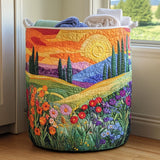 Panier à linge en tissu patchwork coloré, motifs fleurs, aspect fait main.