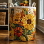 Panier à linge fait main en tissu, motif tournesols et fleurs, anses en toile
