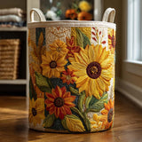 Panier à linge fait main en tissu, motif tournesols et fleurs, anses en toile