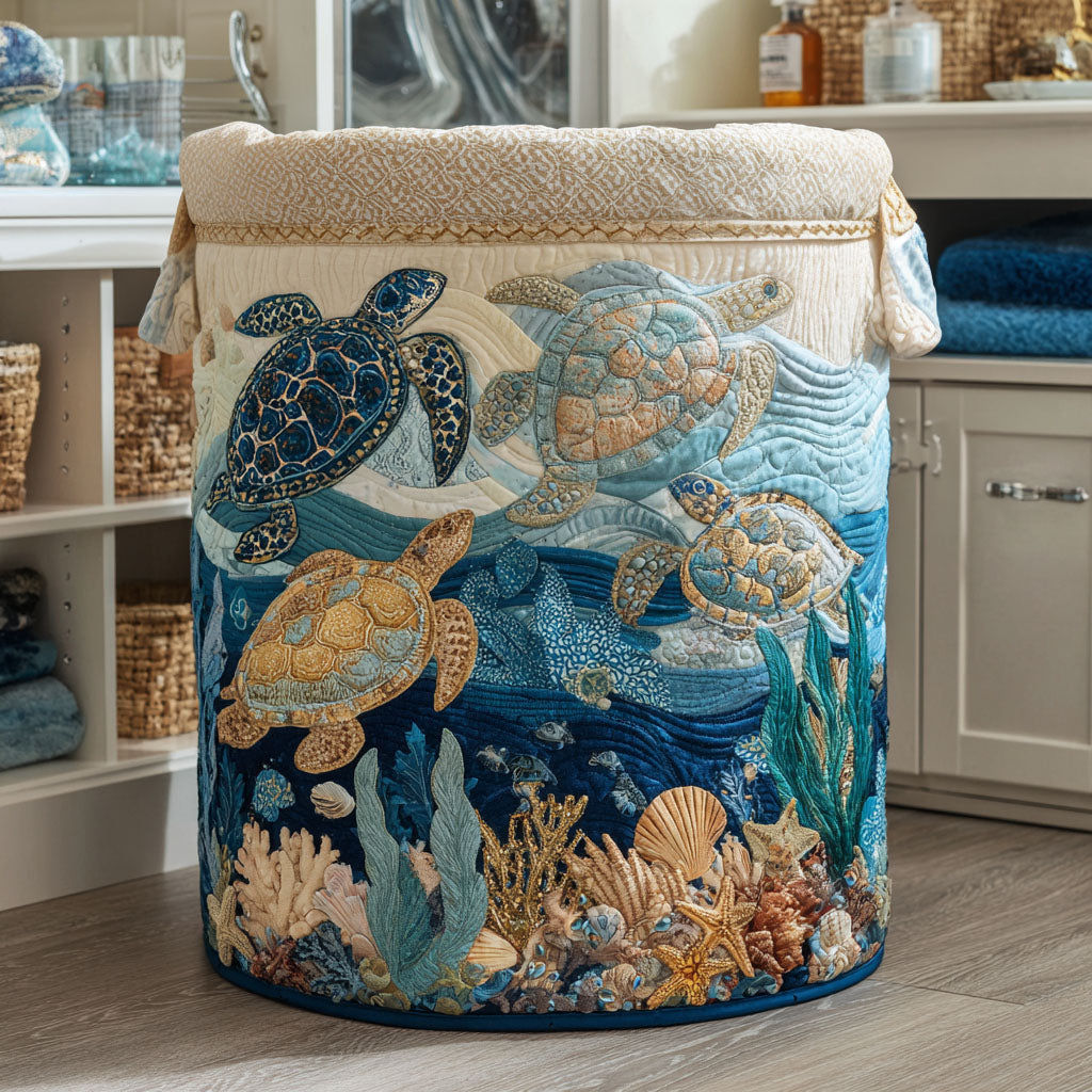 Panier à linge rond en tissu, fait main, imprimé tortues marines
