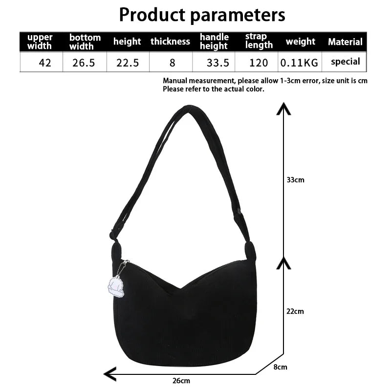 Sac à épaule en Cordura noir, forme demi-lune, bandoulière, repère de dimensions