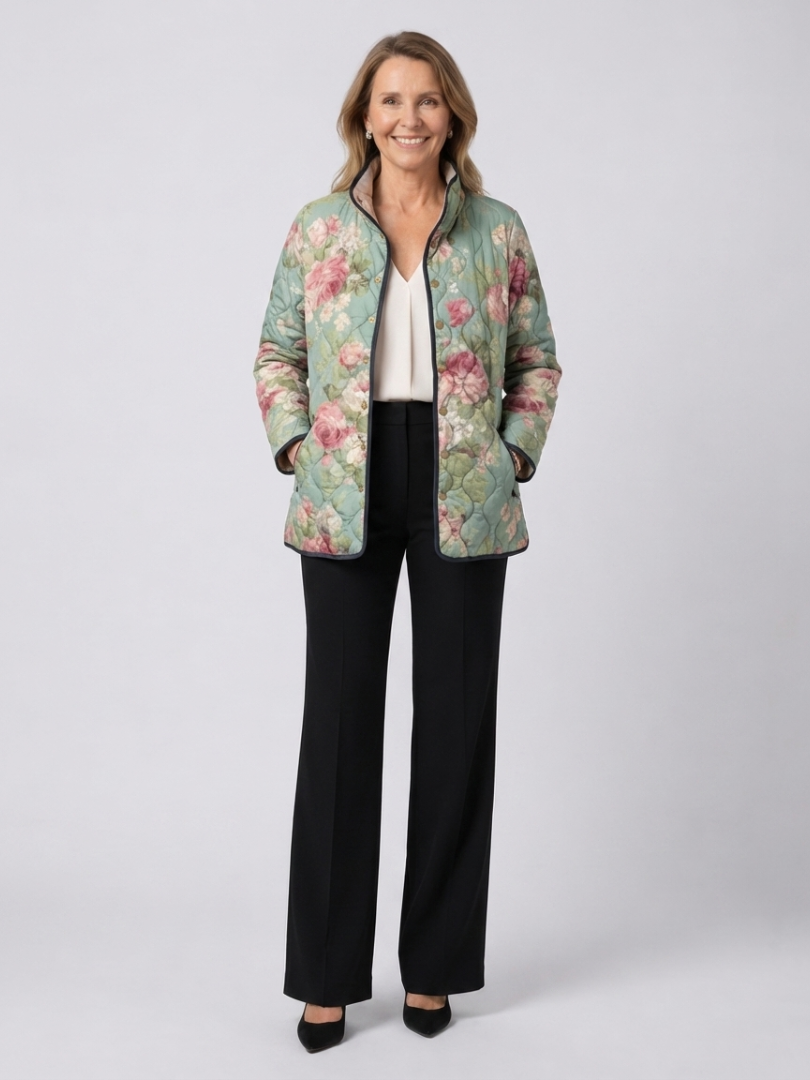 Veste matelassée fleurie rétro, poches et boutons, col ouvert