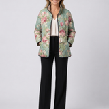 Veste matelassée fleurie rétro, poches et boutons, col ouvert