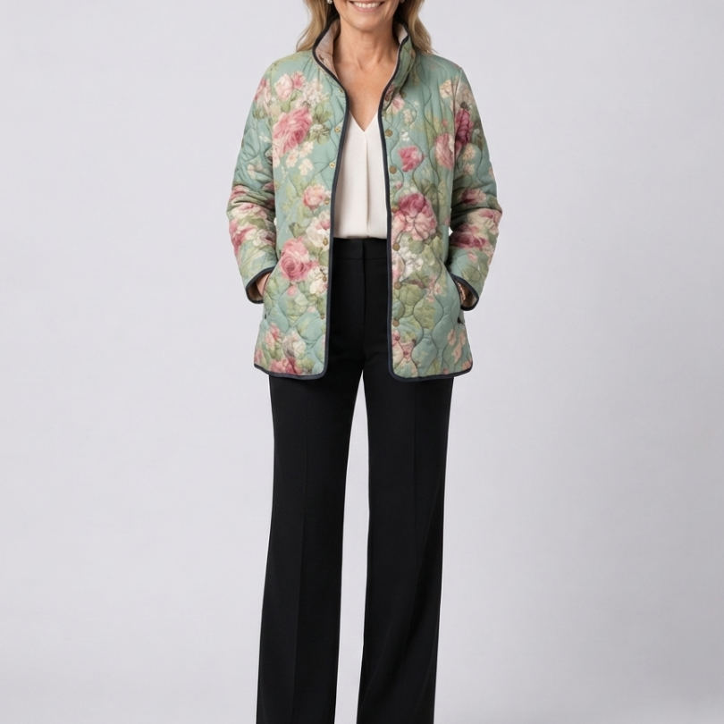 Veste matelassée fleurie rétro, poches et boutons, col ouvert