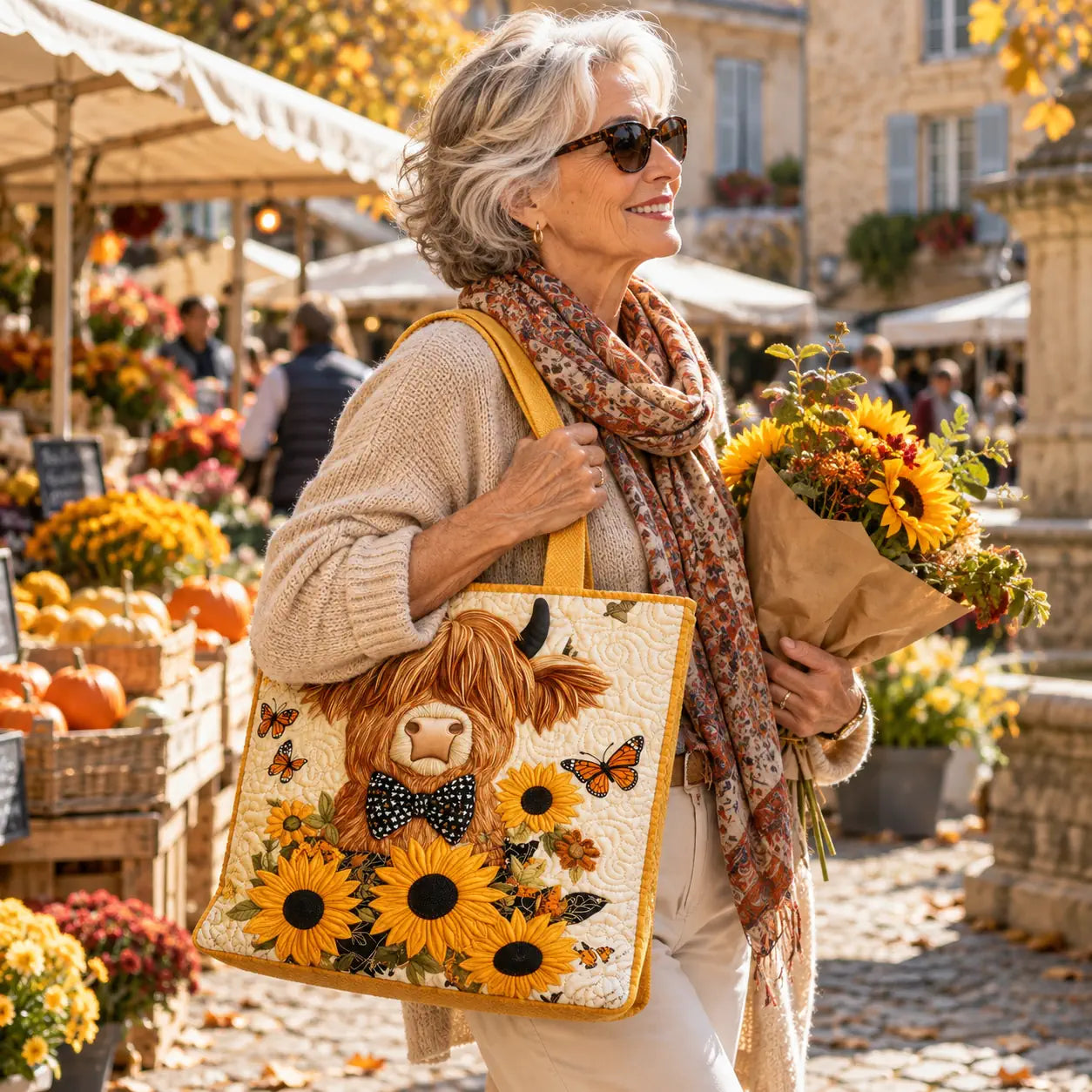 Sac matelassé cabas en tissu beige, vache et tournesols brodés, anses jaunes.
