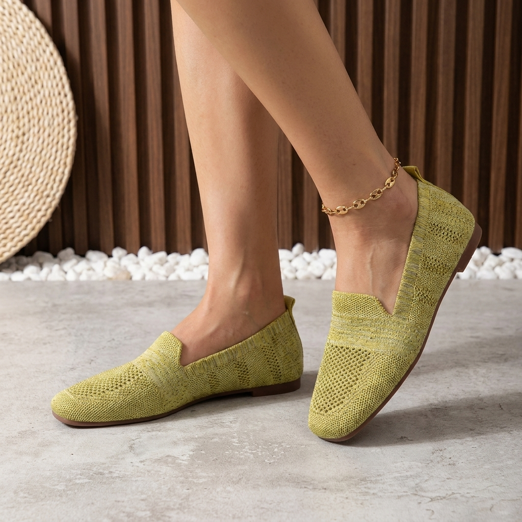 Mocassins en maille Maïwenn vert olive, tige courte, semelle plate