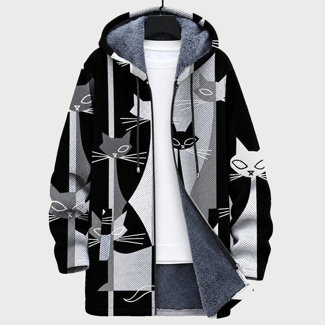 Veste à capuche zippée noire à motif chats noir et blanc, intérieur gris, poches kangourou.