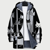Veste à capuche zippée noire à motif chats noir et blanc, intérieur gris, poches kangourou.