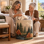 Panier à linge fait main avec motif montagnes et forêt, coutures et poignée latérale