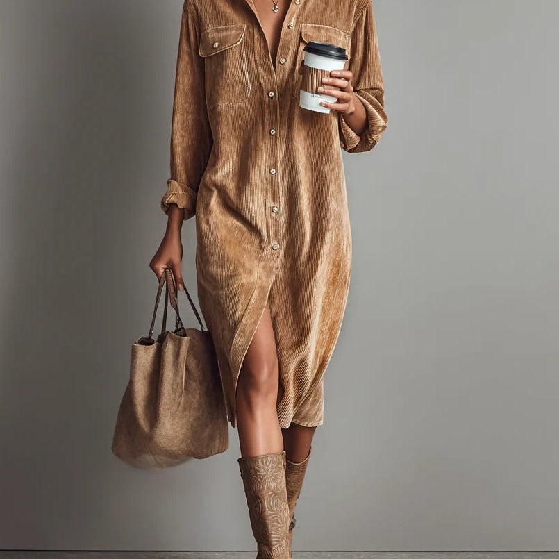 Robe chemise camel mi-longue boutonnée, fente avant et poches poitrine.