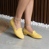 Mocassins souples en daim jaune, bout pointu, petit talon bloc