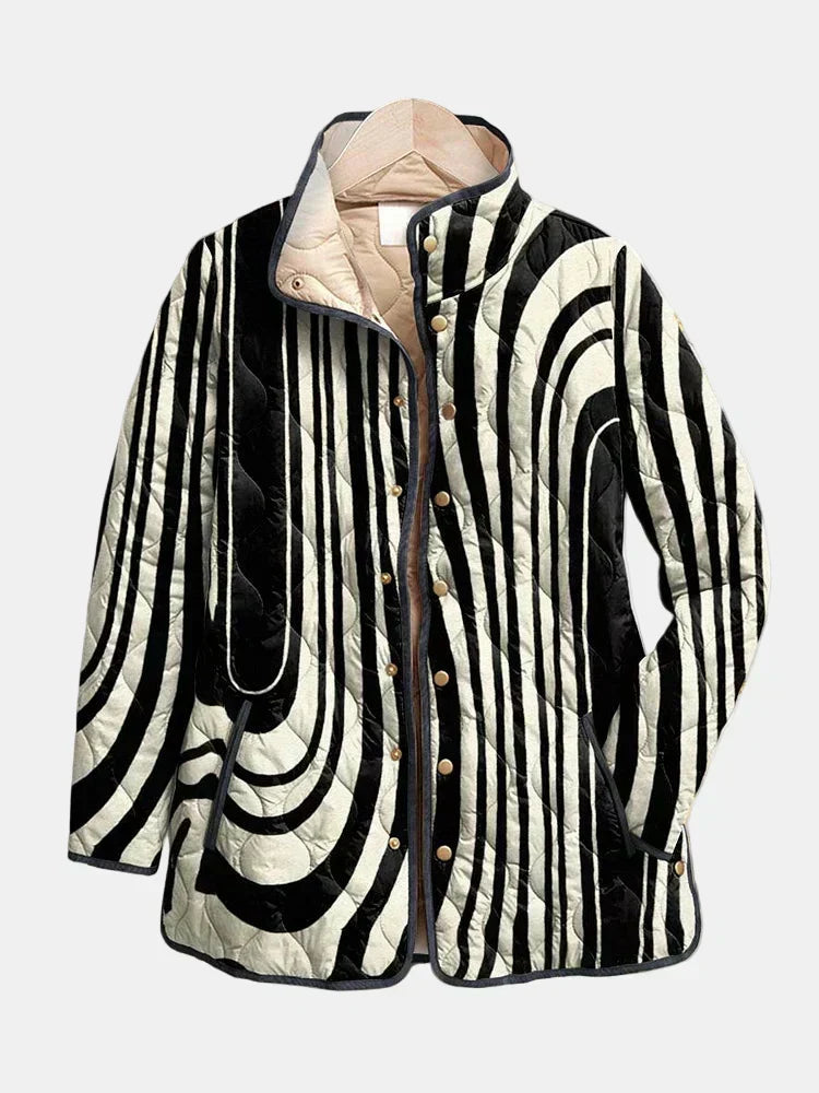 Veste matelassée boutonnée noir et blanc à motif géométrique, col simple, doublure beige