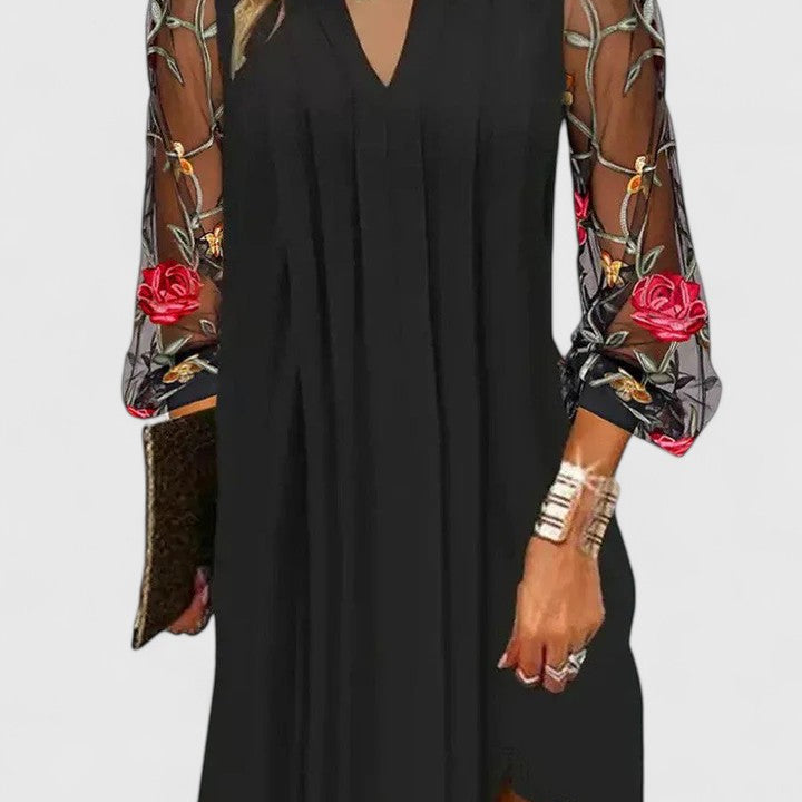 Robe mini noire à encolure V, fente latérale, manches longues imprimées fleurs