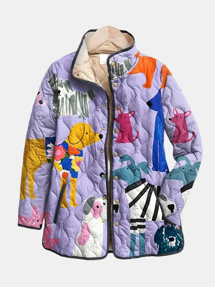 Veste matelassée violette à imprimé chiens multicolore, boutonnée devant, col montant