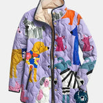 Veste matelassée violette à imprimé chiens multicolore, boutonnée devant, col montant