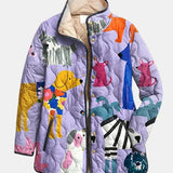 Veste matelassée violette à imprimé chiens multicolore, boutonnée devant, col montant