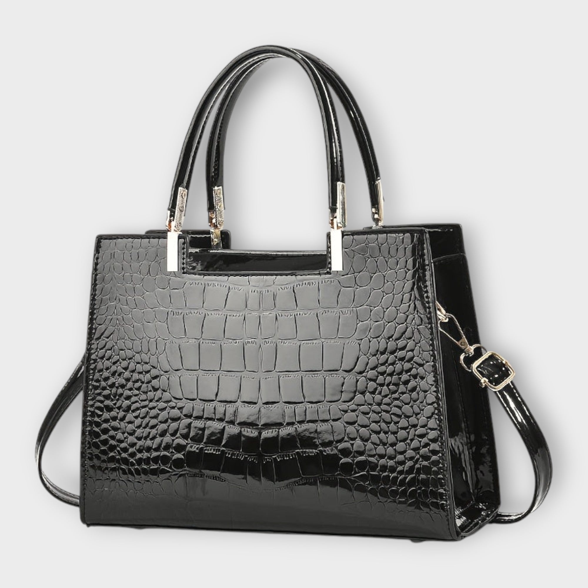 Sac à main en cuir effet crocodile brillant foncé, poignées rigides et bandoulière