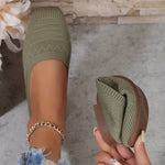Ballerines tissées vert olive, bout en maille, semelle marron, style enfiler