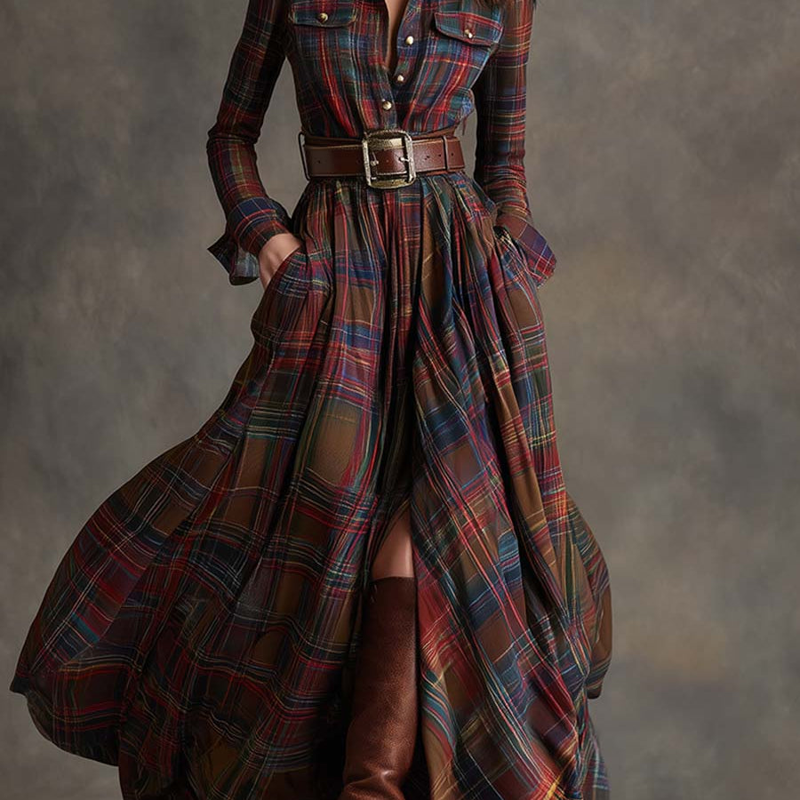 Robe chemise à carreaux marron foncé avec ceinture, col boutonné et fente