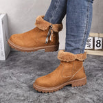 Bottines d’hiver femme marron clair, doublure en fausse fourrure et zip sur le côté.