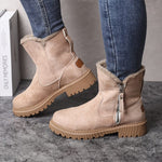 Bottines d’hiver femme beige en suédine, doublure fourrée et fermeture zippée.